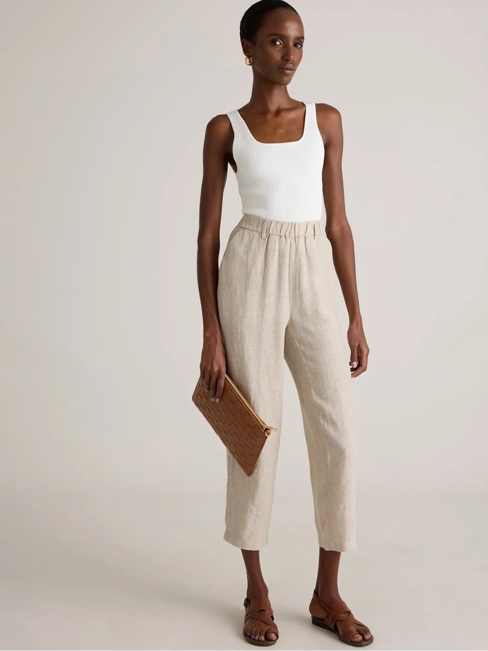 Quince European Linen Flax Beige Tan Straight-Leg Elastic-Waist Pants NWT